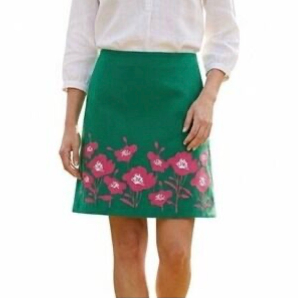 Boden Green A-Line Skirt with Pink Floral Border